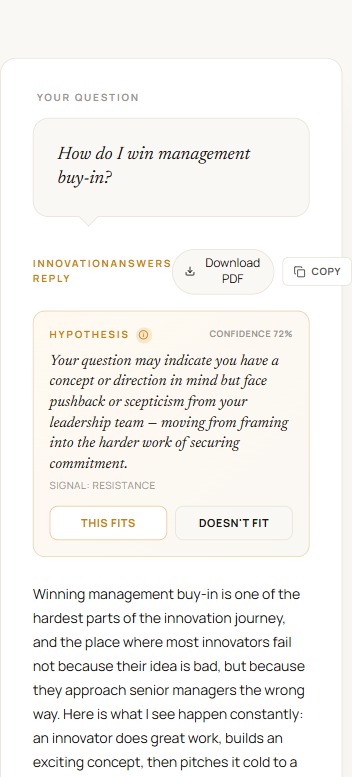 The InnovationAnswers app: a question with a validated answer, anchored to the FORTH method